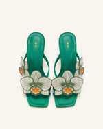 Serena Orchid Embroidered Toe Ring Heeled Sandals - Emerald Green