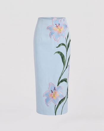 Lily Floral Embroidered High Waist Pencil Midi Skirt - Light Blue