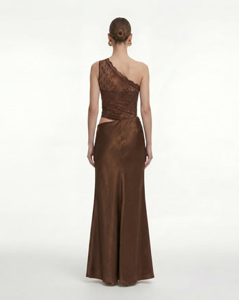 Floral One Shoulder Satin Dress - Brown