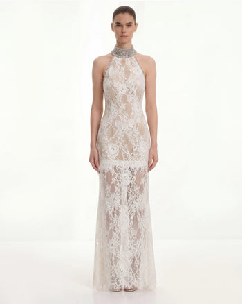 Jeweled Lace Halter Dress - White