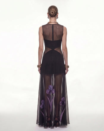 Sheer Floral Print Paneled Maxi Dress - Black