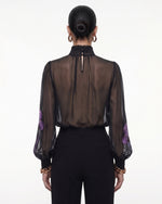 Iris Print Sheer High Neck Blouse - Black/Purple
