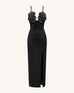3D Floral Strappy Maxi Dress - Black