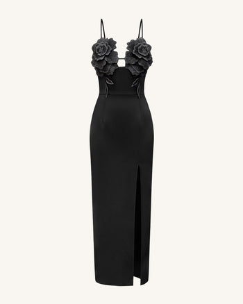 3D Floral Strappy Maxi Dress - Black