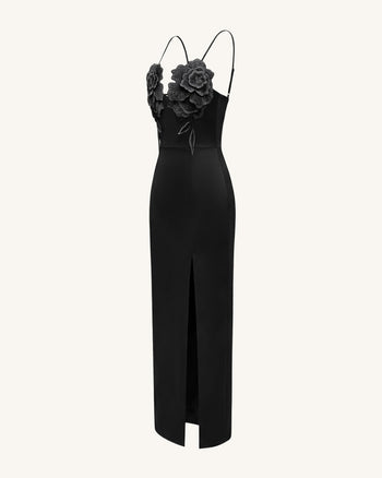 3D Floral Strappy Maxi Dress - Black