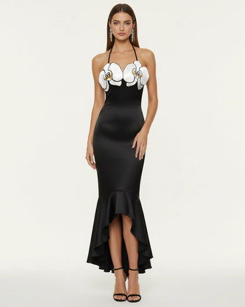 Orchid Embroidered High-Low Midi Dress - Black