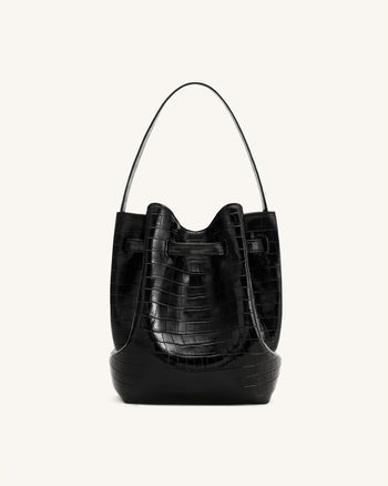 Clara Lock Accent Bucket Shoulder Bag - Black Croc