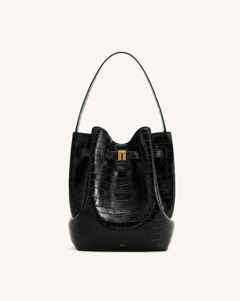 Clara Lock Accent Bucket Shoulder Bag - Black Croc