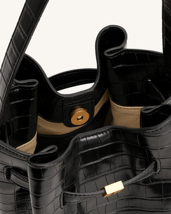Clara Lock Accent Bucket Shoulder Bag - Black Croc