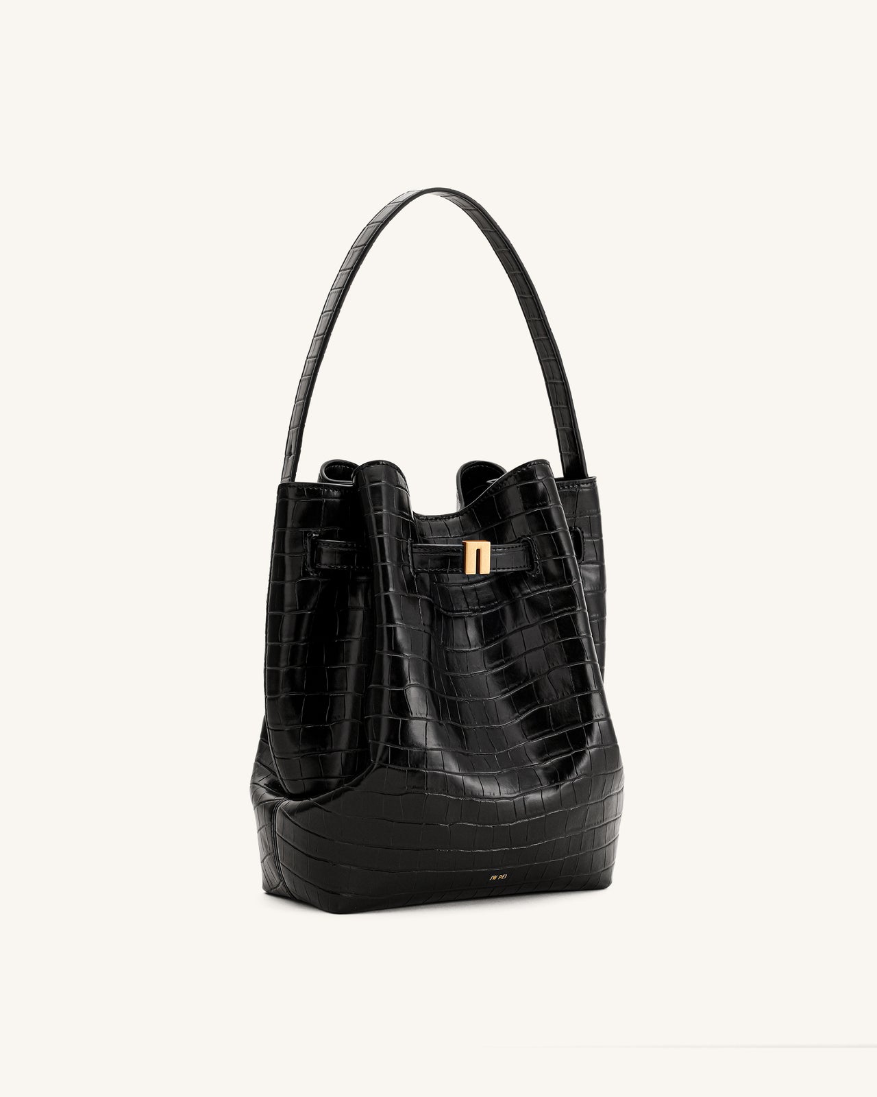 Clara Lock Accent Bucket Shoulder Bag - Black Croc