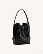 Clara Lock Accent Bucket Shoulder Bag - Black Croc