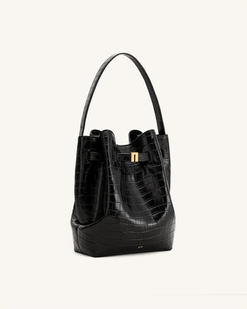 Clara Lock Accent Bucket Shoulder Bag - Black Croc