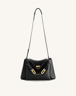 Rhea Pebbled Double Buckle Shoulder Bag - Black