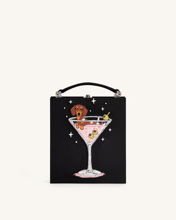Taya Wine Glass Puppy Pattern Book Shape Clutch Bag - Black