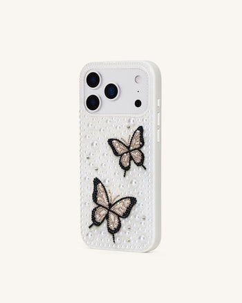Butterfly Pearl Embellished Phone Case - White