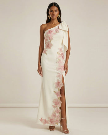 Flower Embroidered One-Shoulder Maxi Dress - Ivory