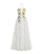 Lily-Embroidered Embroidered Halter Tiered Maxi Dress - White