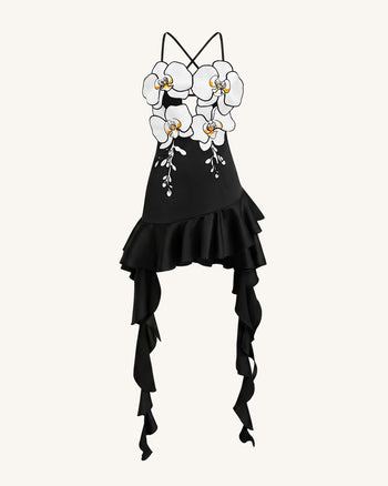 Orchid Embroidered Ruffle Hem Mini Dress - Black