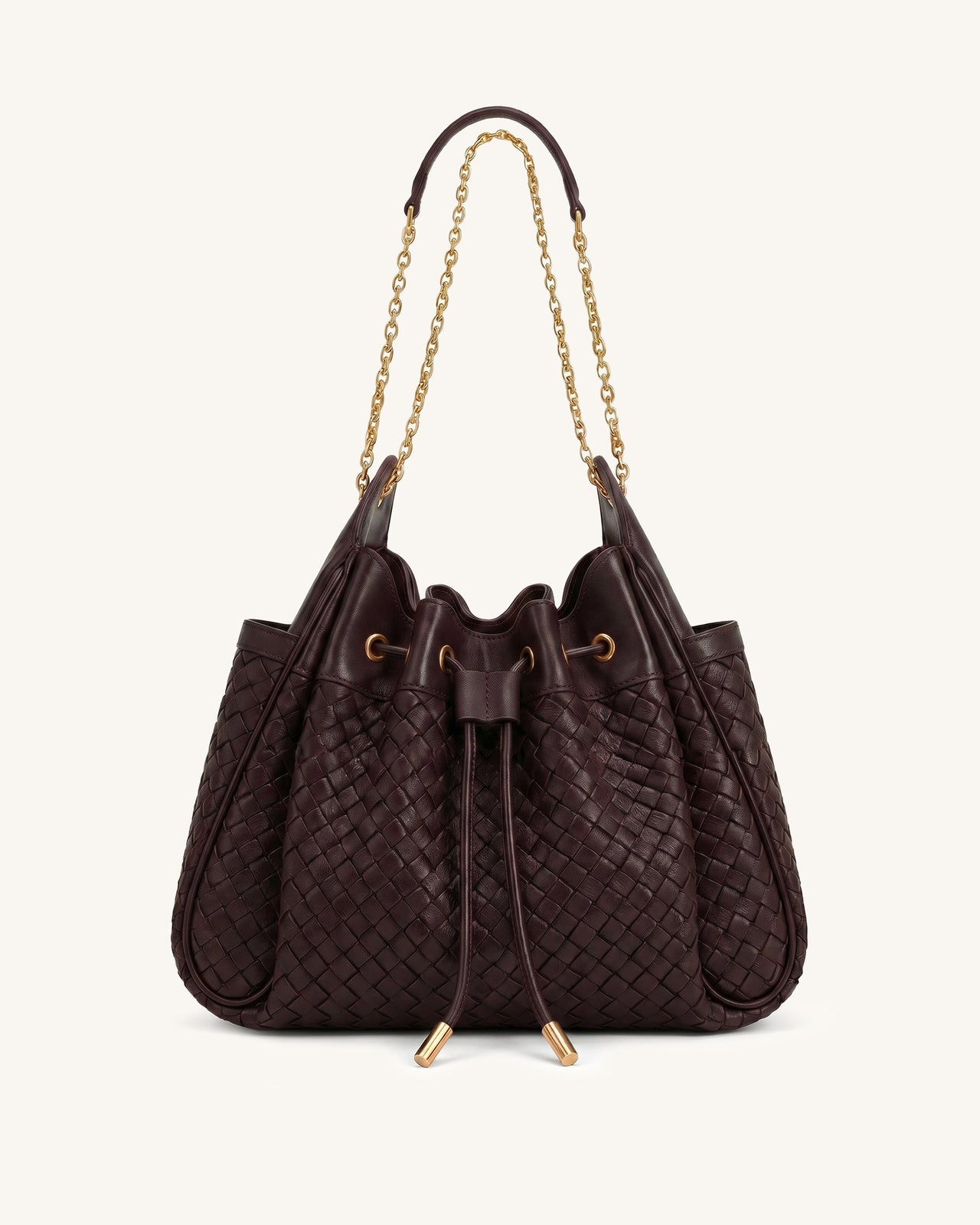 Rowan Weaving Ruched Drawstring Chain Bucket Bag - Dark Cherry