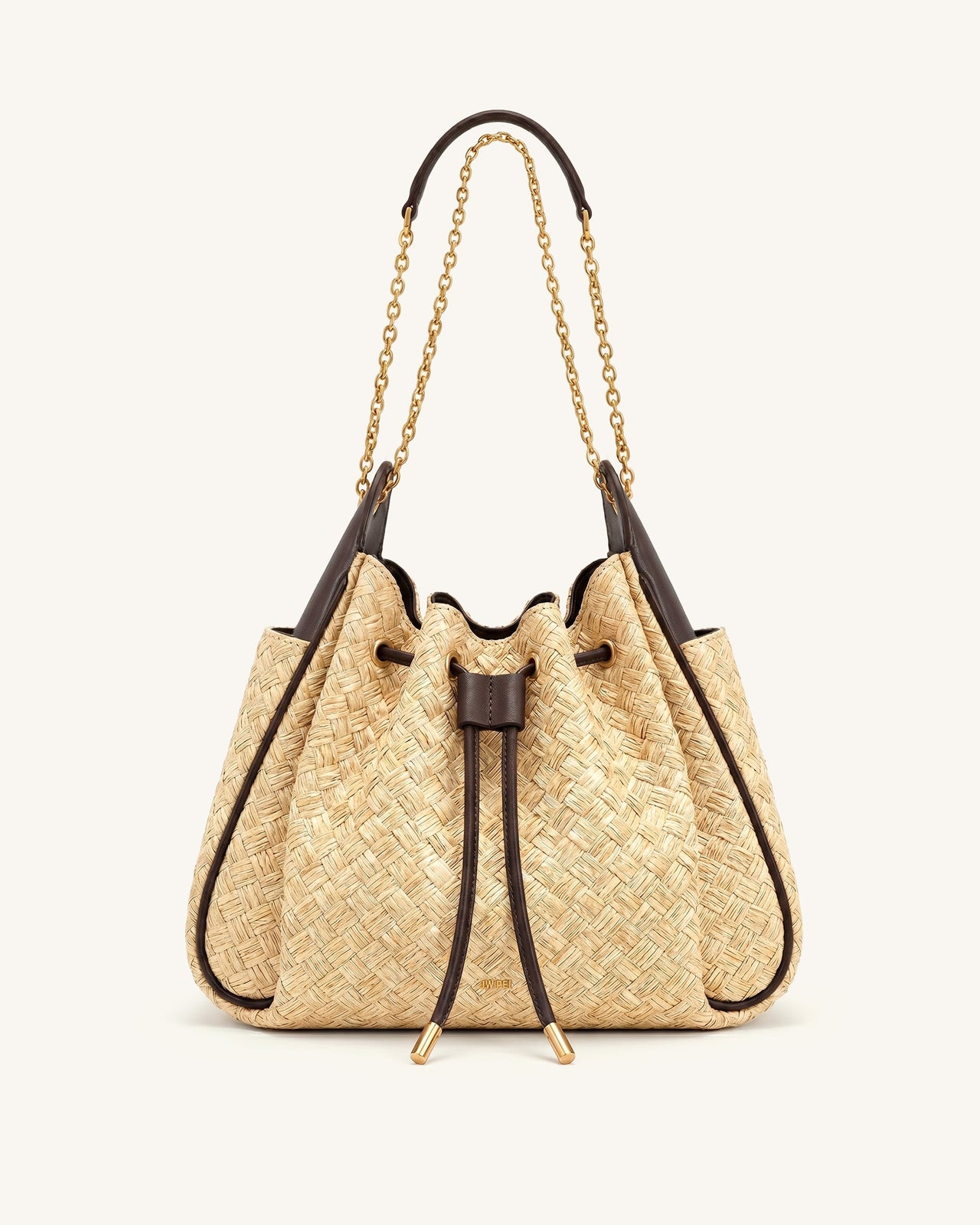 Rowan Faux Straw Ruched Drawstring Chain Bucket Bag - Brown
