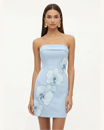 Orchid Embroidered Strapless Sheath Midi Dress - Light Blue