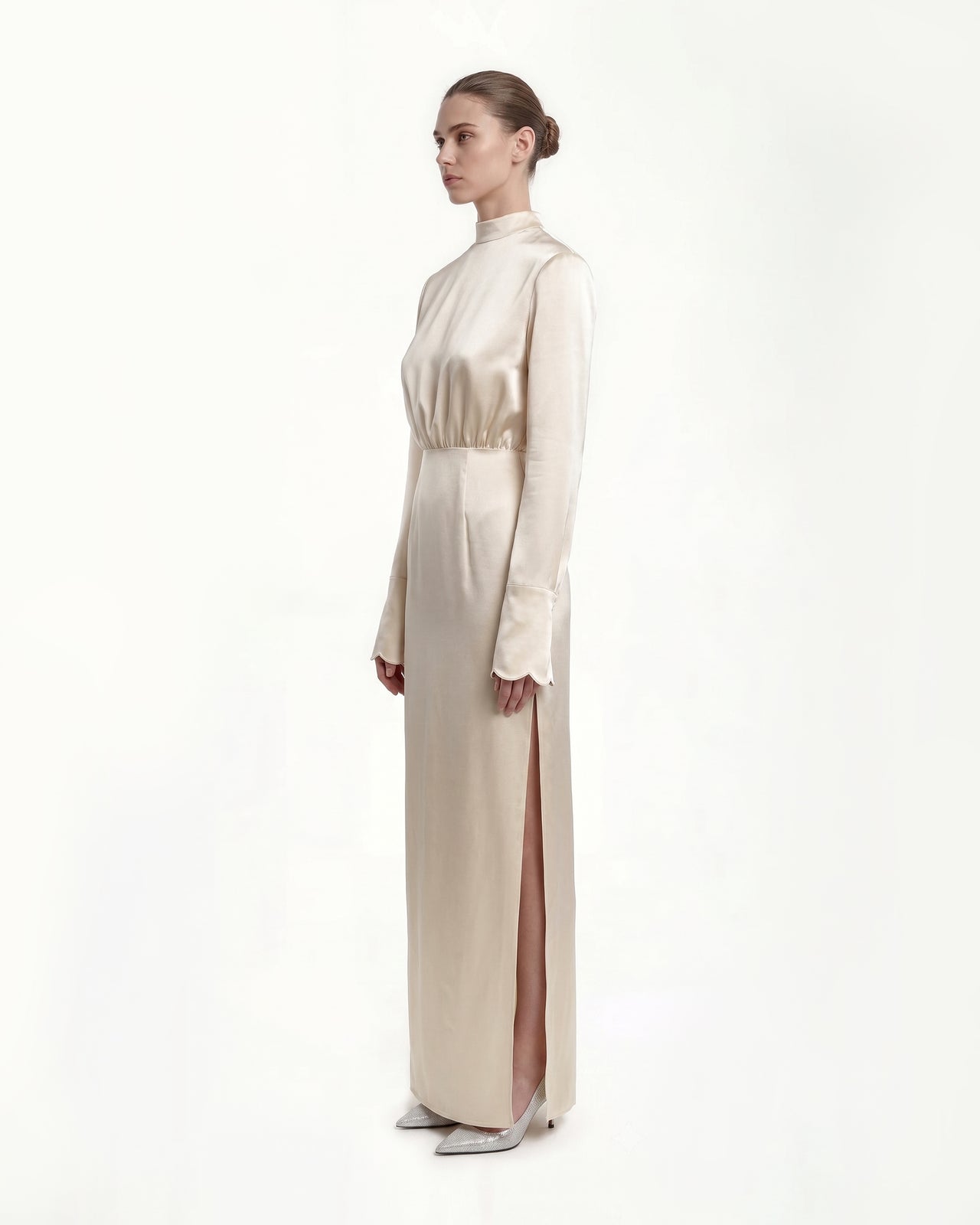 Structured Shoulder Design Satin High-neck Fitted Midi Dress - Cream