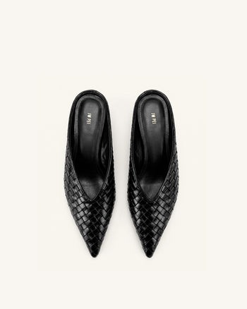 Helena Woven Textured Pointed Toe Mules - Black