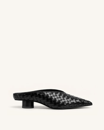 Helena Woven Textured Pointed Toe Mules - Black
