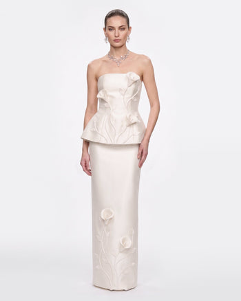 Floral Appliqué Vine Maxi Skirt - White