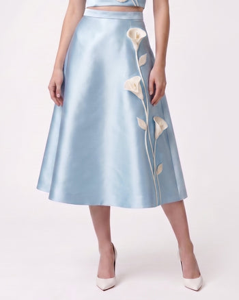 Floral Appliqué Satin Midi Skirt - Light Blue