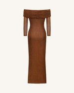 Rhinestone Mesh Off-Shoulder Maxi Dress - Brown
