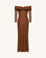 Rhinestone Mesh Off-Shoulder Maxi Dress - Brown