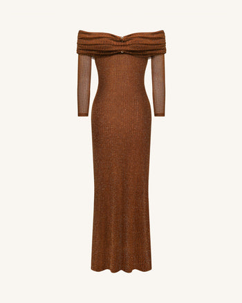 Rhinestone Mesh Off-Shoulder Maxi Dress - Brown