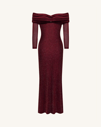 Rhinestone Mesh Off-Shoulder Maxi Dress - Claret
