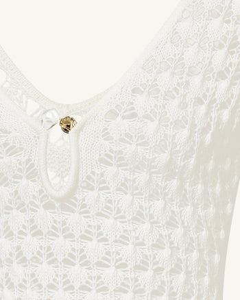 Pointelle Knit Keyhole Mini Dress - White