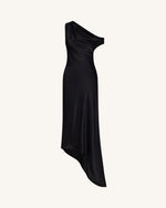 Satin Draped One-Shoulder Asymmetric Dress - Black