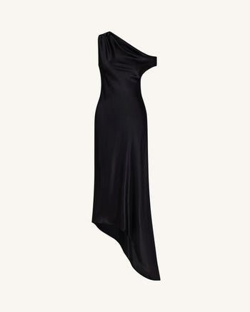 Satin Draped One-Shoulder Asymmetric Dress - Black