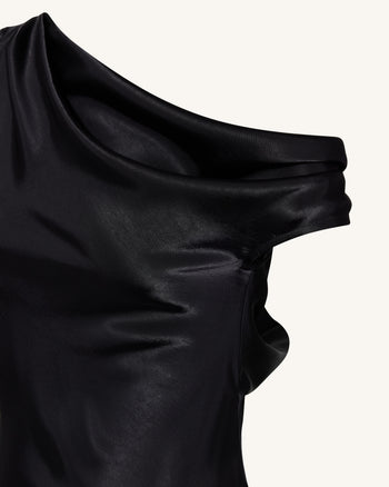 Satin Draped One-Shoulder Asymmetric Dress - Black