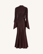 Sheer Shawl Ruched Bodycon Maxi Gown - Brown