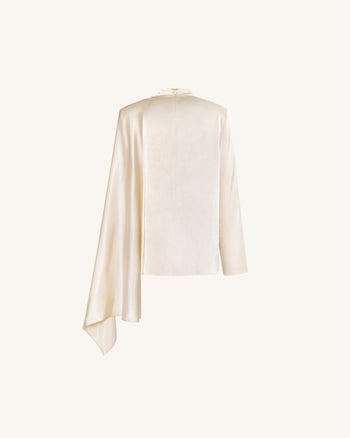 Asymmetric Drape High-Neck Cape Top - Cream