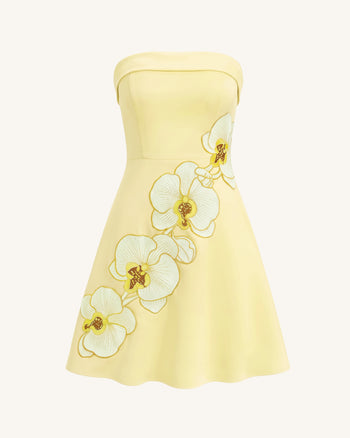 Orchid Embroidered Strapless A-Line Midi Dress - Pale Yellow