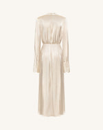 Structured Shoulder Design Satin High-Neck Fitted Maxi Dress - Cream