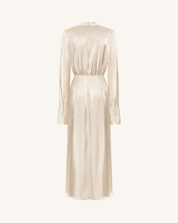 Structured Shoulder Design Satin High-Neck Fitted Maxi Dress - Cream