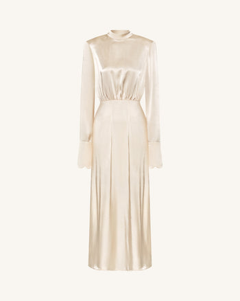 Structured Shoulder Design Satin High-Neck Fitted Maxi Dress - Cream