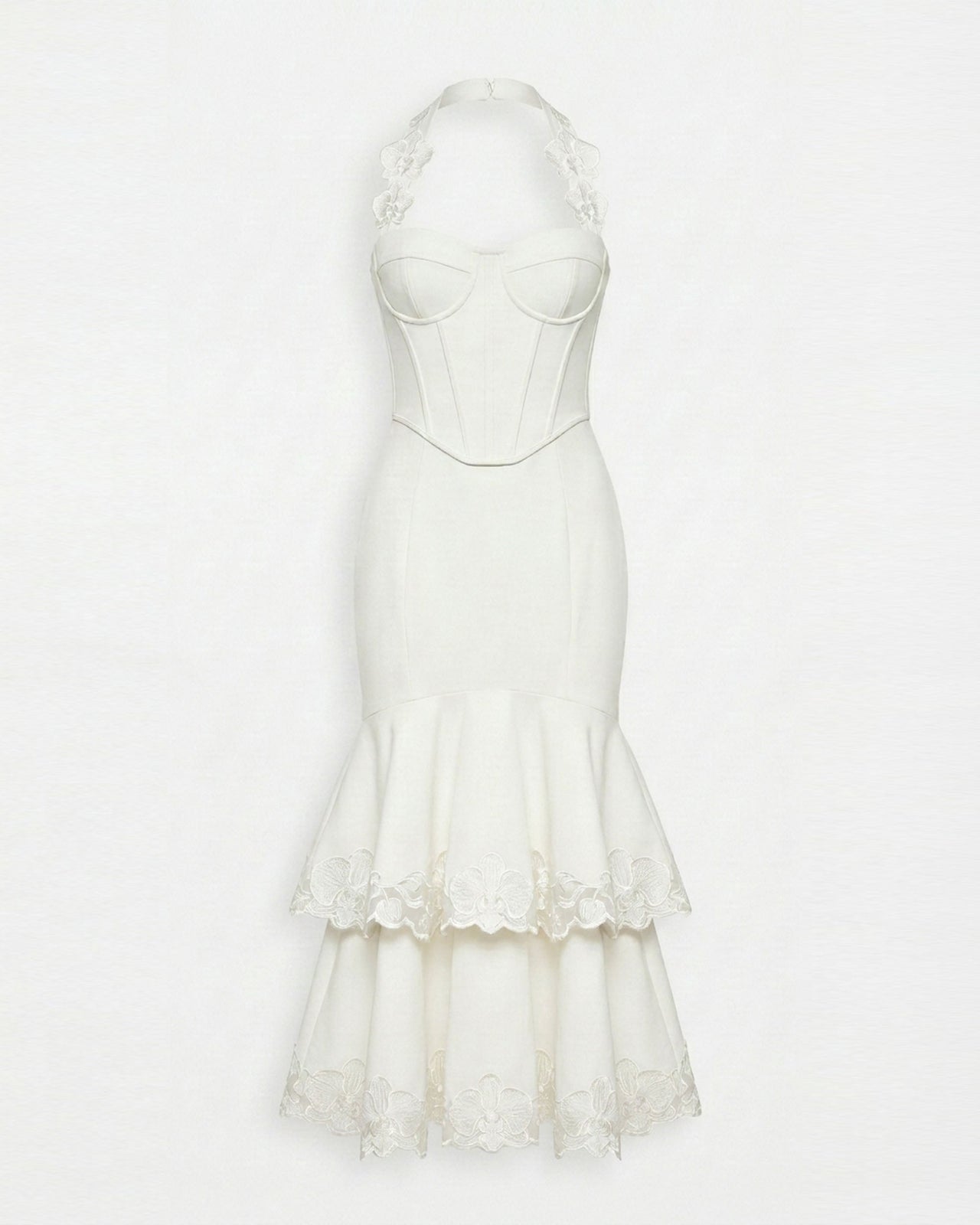 Orchid Embroidered Halter Corset Midi Dress - White