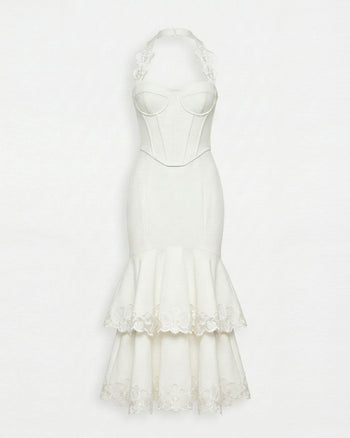 Orchid Embroidered Halter Corset Midi Dress - White