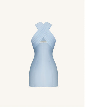 Satin Mini Dress with Tulle Cross-Halter - Blue