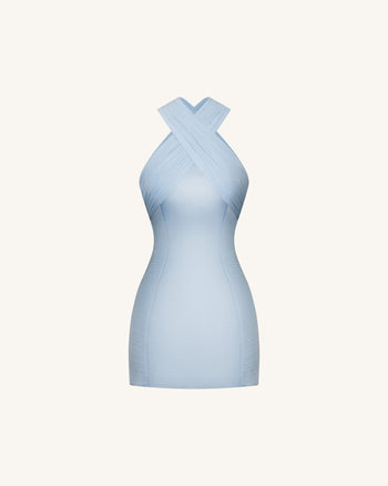 Satin Mini Dress with Tulle Cross-Halter - Blue