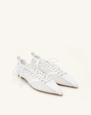 Ava Lace-Up Mesh Flats - White
