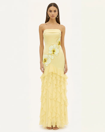 Orchid Embroidered Ruffled Strapless Maxi Dress - Pale Yellow
